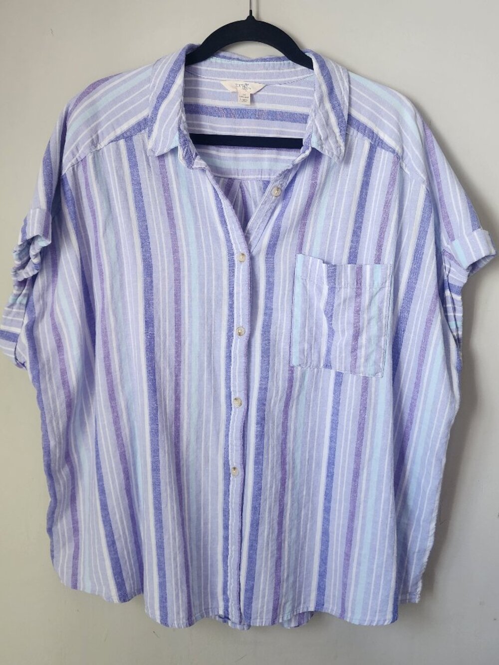 Terra & Sky 2X Pastel Purple Blue Striped Boho Coastal Linen Blend Top